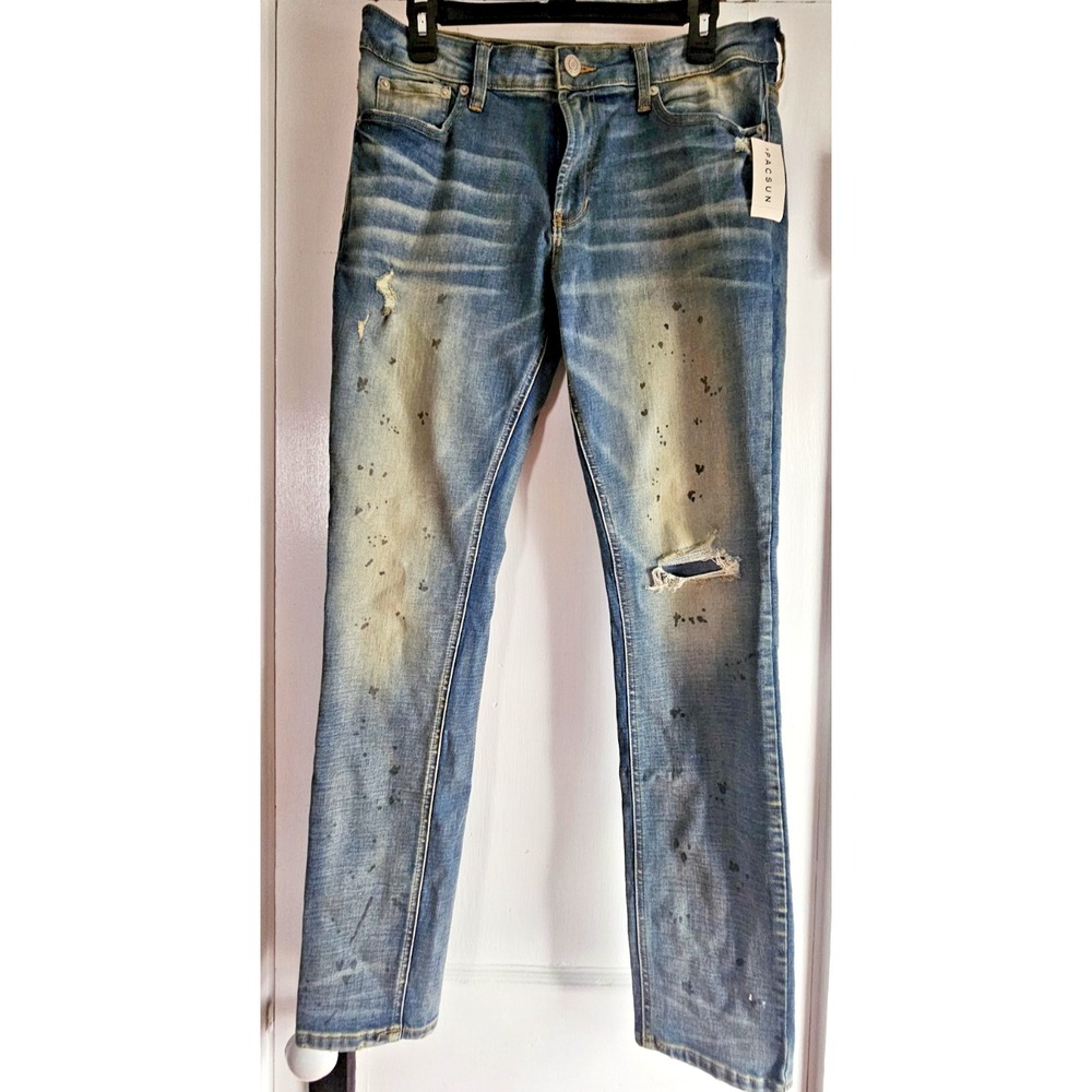 NWT PACSUN MEN active stretch skinny distressed trashed jeans‎ 32x31